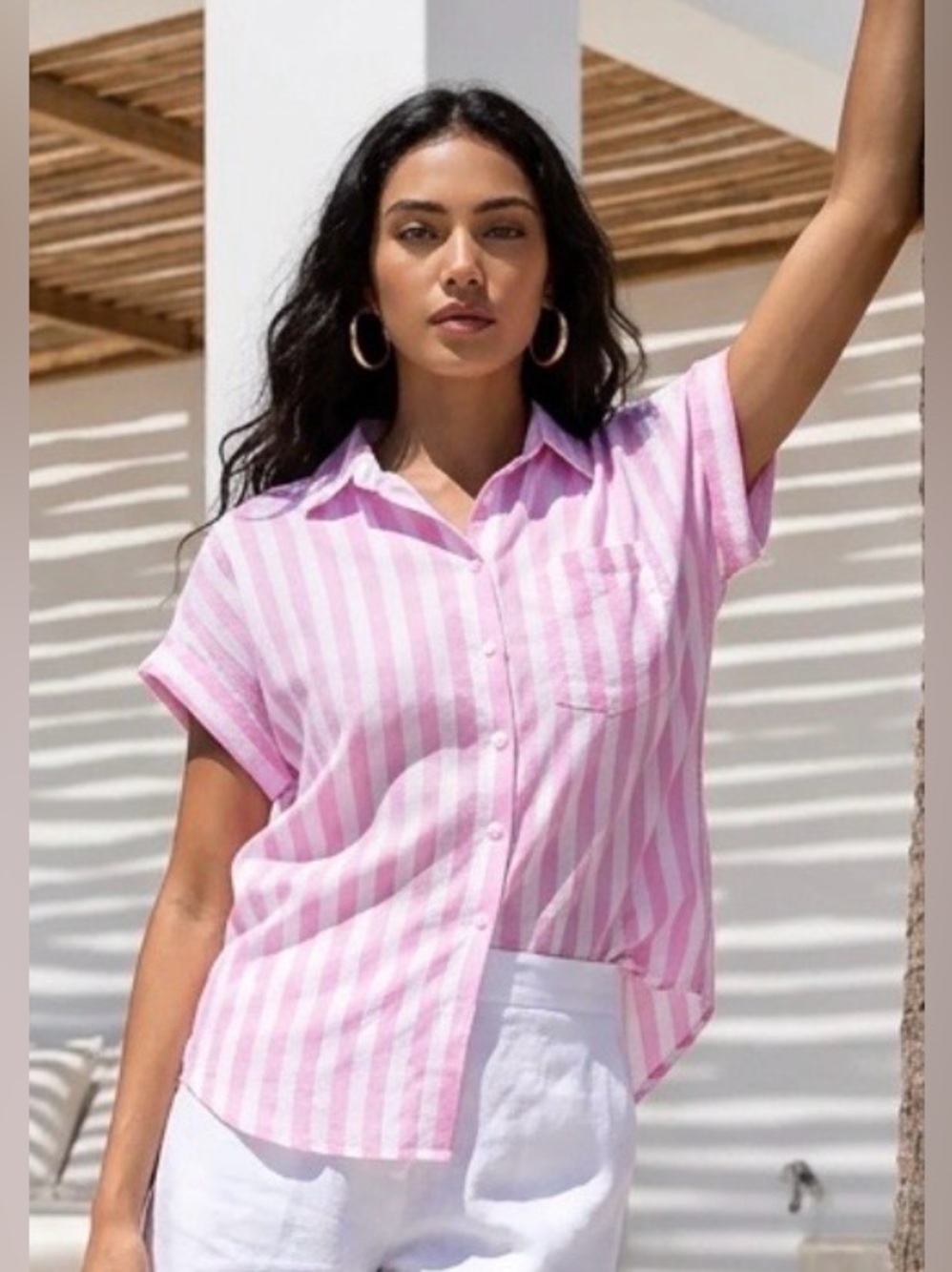 Pink w/White Striped Short-Sleeve Button Front Blouse M